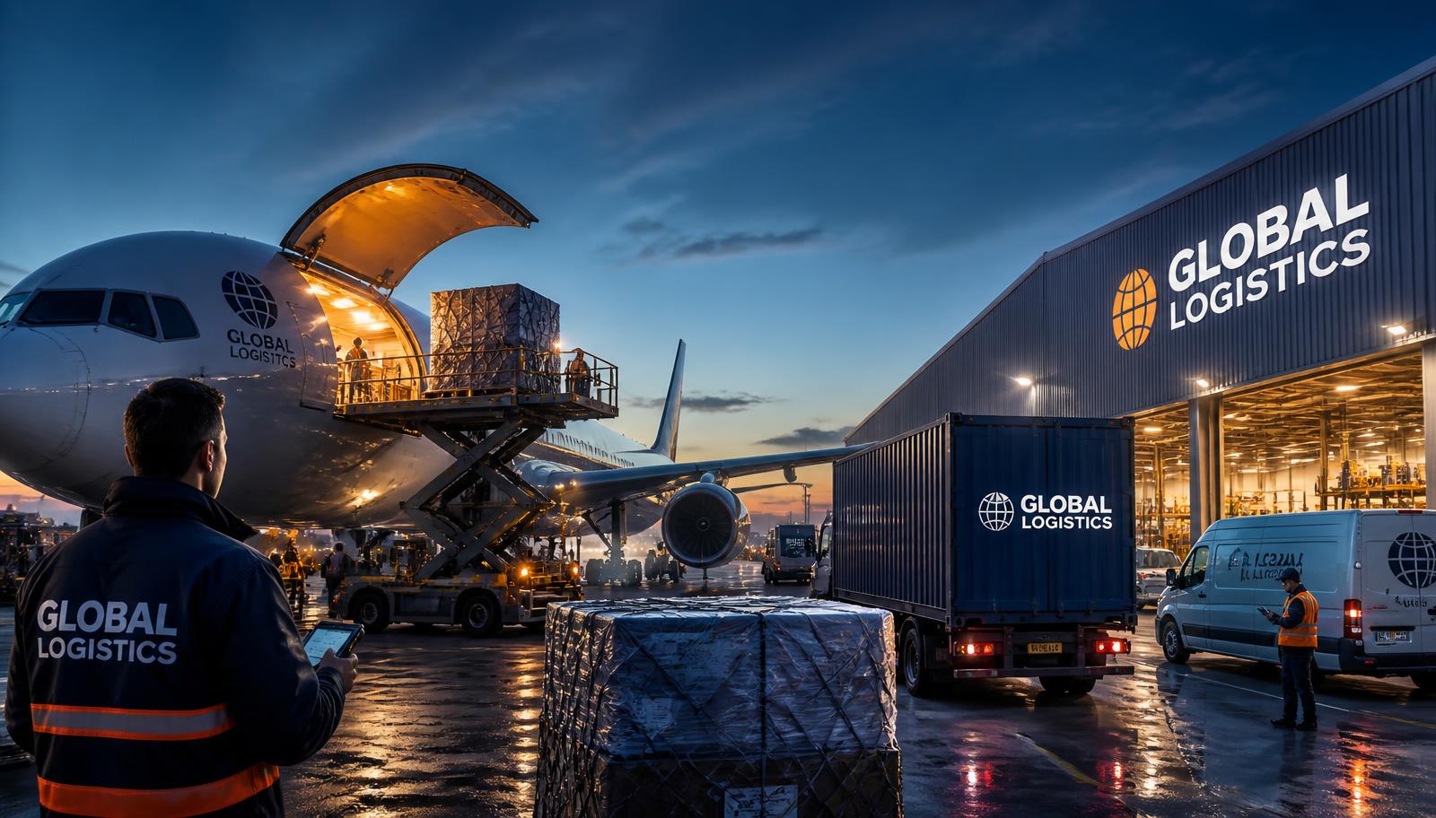 Cargo aircraft, containers and delivery vans at an international freight hub at dusk