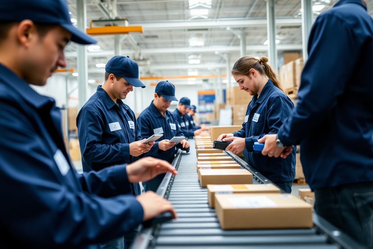 Warehouse team scanning and sorting parcels on a conveyor belt